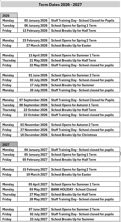 Term dates 2026 - 2027