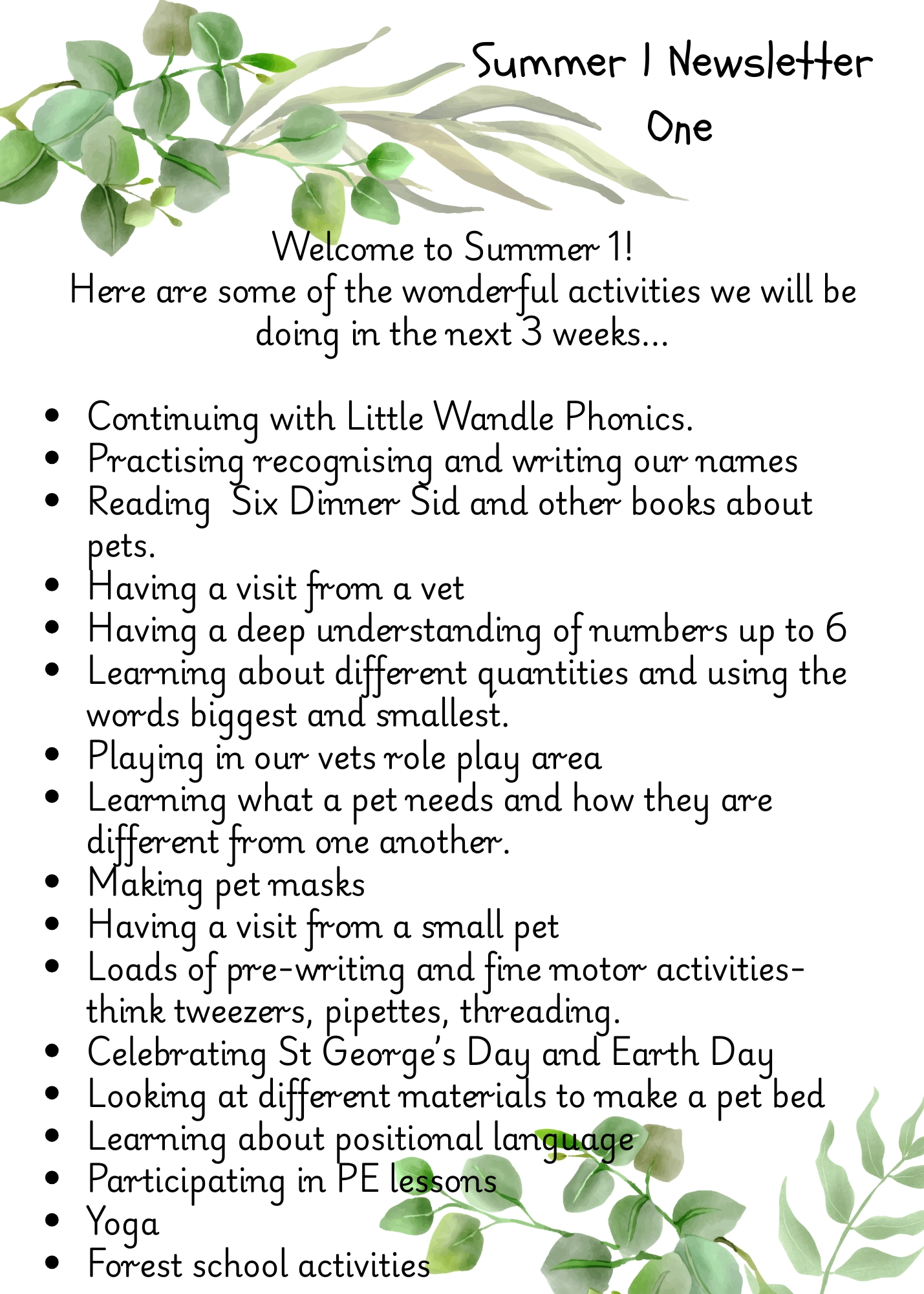 Summer 1 newsletter Weeks 1-3